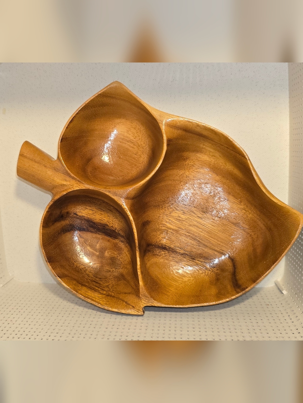Vtg Blair Hawaii Koa Wood Monkey Pod Divided Leaf Carved Bowl Dish Tray Decor